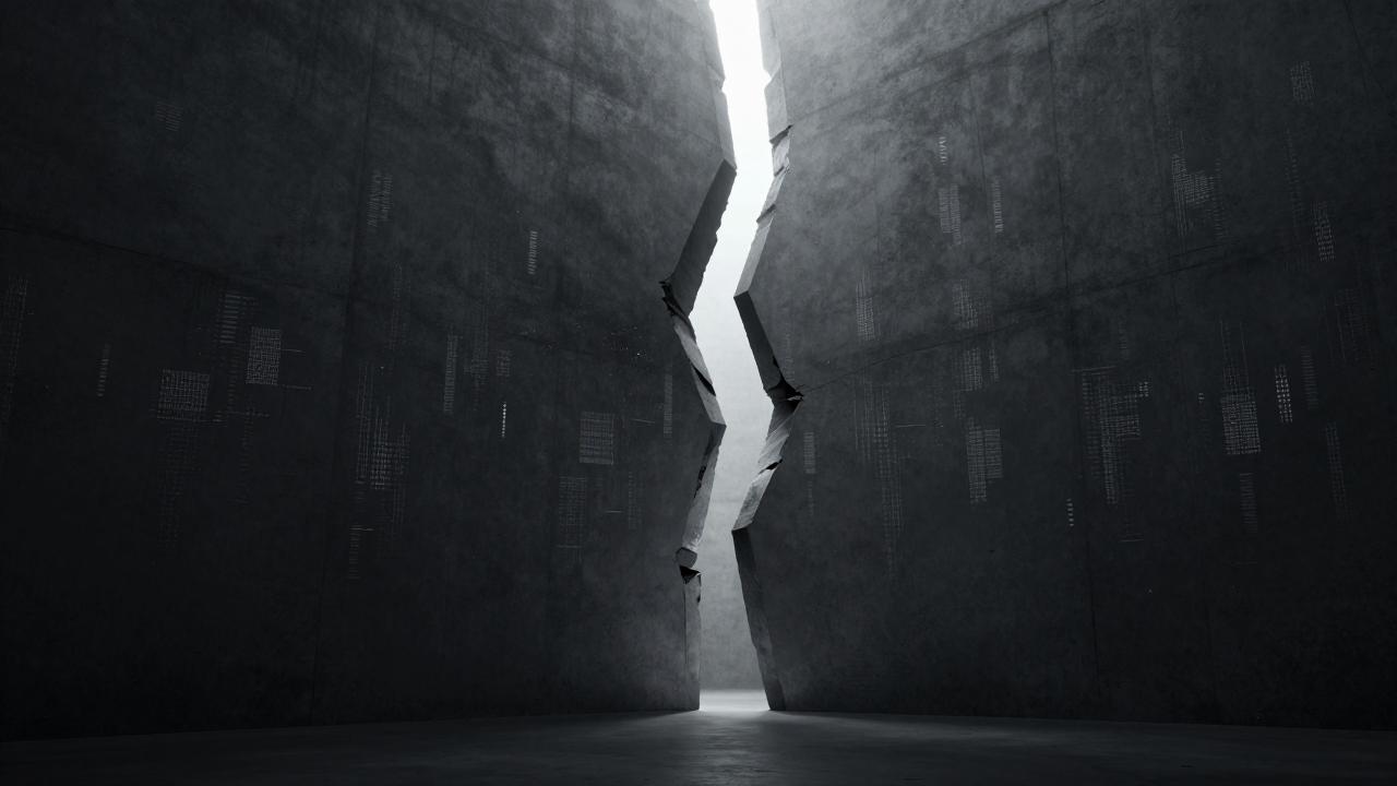 Brutalistisch betonnen muur met een verticale scheur waar koud licht doorheen dringt. Monochrome compositie in zwart, grijs en wit. Symbool voor het doorbreken van een constructieve schijnwerkelijkheid.