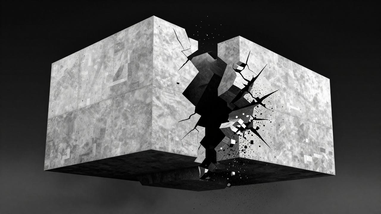 Brutalistisch betonnen monument gespleten door een centrale breuklijn: de linkerhelft toont perfecte geometrische symmetrie, de rechterhelft vervalt tot digitale pixelruis. Visuele metafoor voor de algoritmische illusie — de scheiding tussen algoritme-gestuurde neprealiteit en authentieke werkelijkheid.