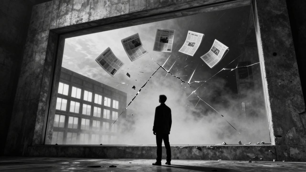 Zwart-wit hero-image in brutalistische stijl. Een kleine silhouet staat profiel voor een massieve betonnen spiegelstructuur. De spiegel is diagonaal doorbarst; in de reflectie verschijnt geen trouwe kopie van de persoon, maar een reeks zwevende krantenpagina's in een boogvorm — een verwijzing naar hoe KI onze vooroordelen spiegelt en versterkt in plaats van ze uit te dagen. Aan de linkerkant van de spiegel een raster van identieke ramen, rechts vervaging in mist.